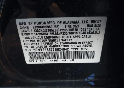 2007 Honda Pilot Ex-L from USA, damaged, VIN 5FNYF18677B024842